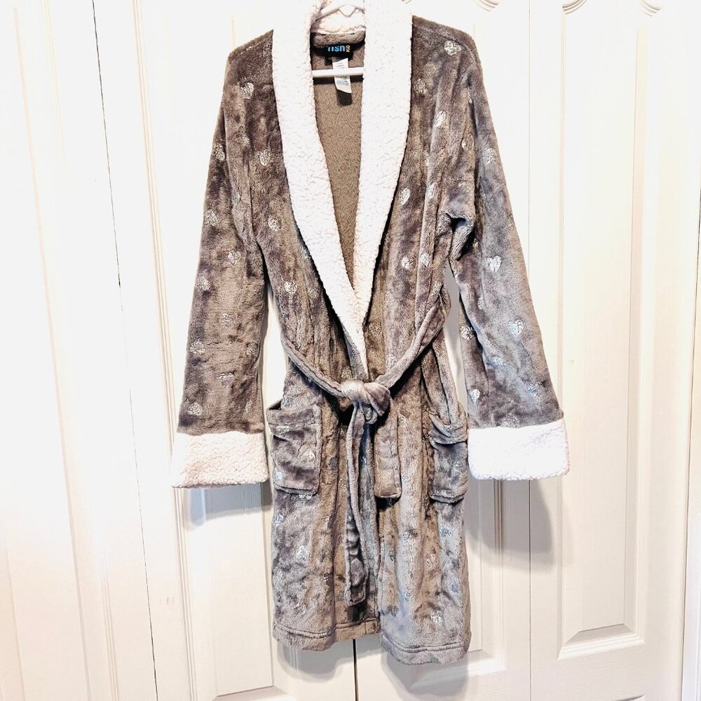 Jelly Fish Kids/Girls-Gray & White Belted Robe-Silver Hearts-Large (10-12) Warm